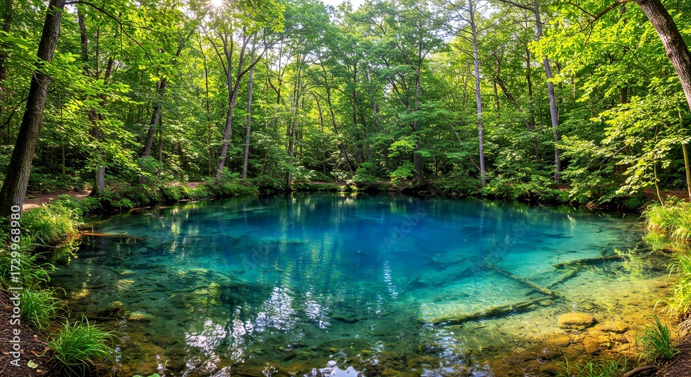 Obraz premium “Blue Eye natural spring with crystal clear water surrounded by trees.”_123328_PerfectlyClear