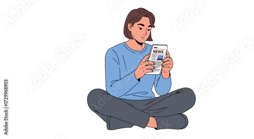 Illustration of a person seated cross-legged while reading news on a smartphone with a minimalist style digital design