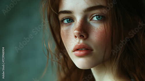 Cinematic Studio Portrait of Young Woman with green eye, professional shooting
