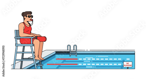 An animated lifeguard wearing a red swimsuit and sunglasses sits on a high chair guarding a swimming pool with lanes