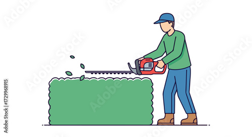 Detailed illustration of a gardener using a hedge trimmer to shape a large green bush in a simplistic style conveying landscaping tasks
