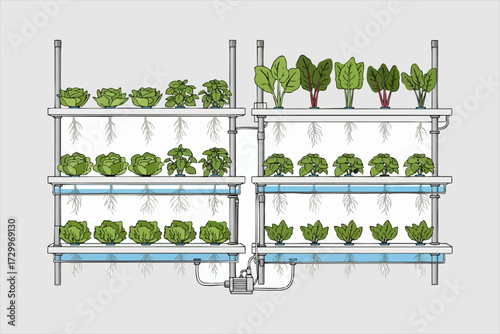 Indoor hydroponic system with four shelves of plants under artificial lights