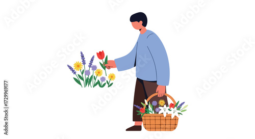 Man gathering colorful flowers from a vibrant flower garden, holding a woven basket overflowing with freshly picked blooms, showcasing the beauty of