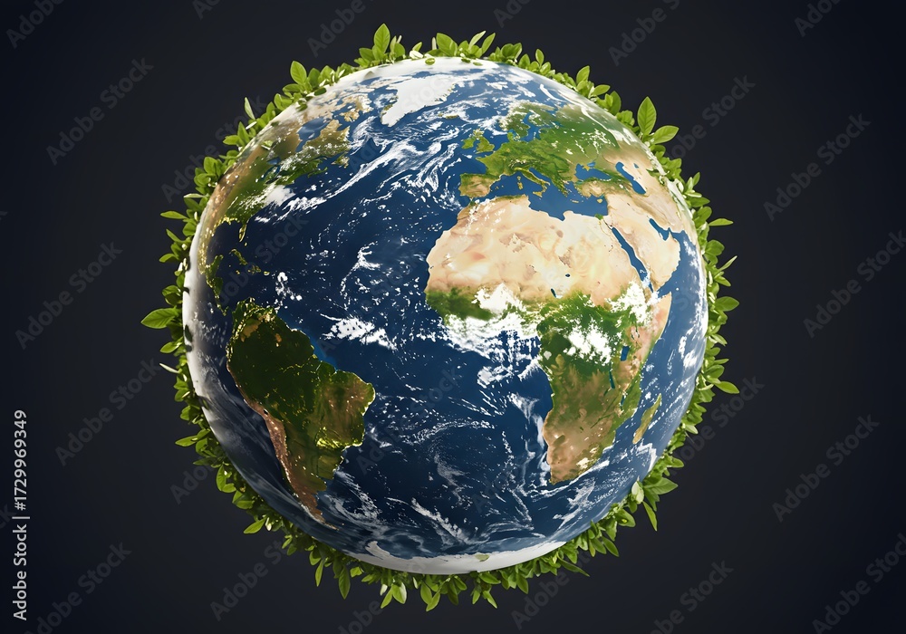 Naklejka premium A vibrant, lush Earth, encircled by a ring of green leaves, symbolizing environmental health and nature's embrace.