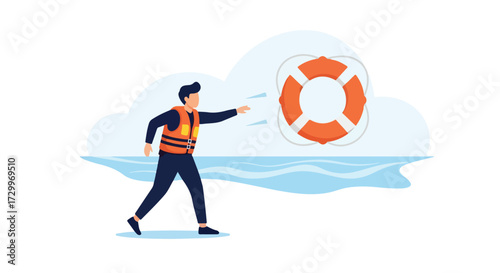 Illustrative scene depicting a man in a life vest throwing a buoyant life preserver near the ocean with cloudy skies filling the background