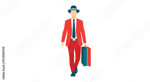 Illustrated businessman in a suit with hat holding a suitcase walking forward with confident steps, showcasing modern professional travel concept