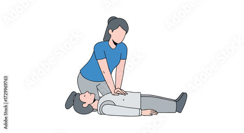 Illustration demonstrating cardiopulmonary resuscitation technique, providing chest compressions for emergency situations and health preservation