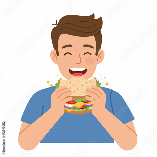 Cheerful Flat Illustration of Man Enjoying a Delicious Burger Meal