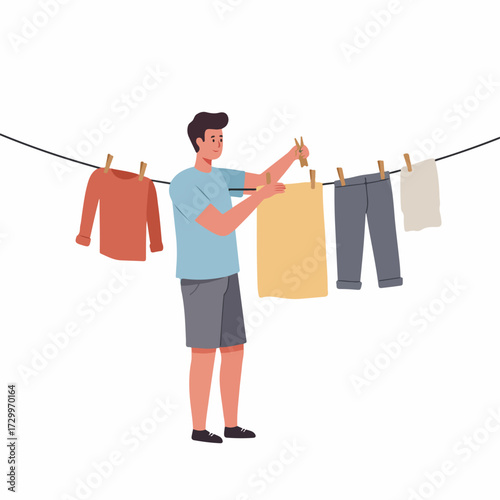 Minimalist Flat Style Man Hanging Clothes on Clothesline Illustration