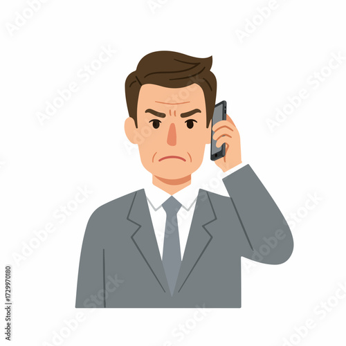 Flat Style Upset Middle Aged Businessman Holding Phone and Communicating