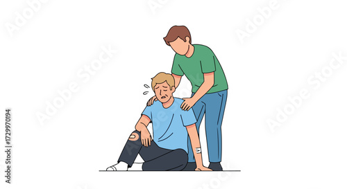 Caring friend offering support and comfort to an injured companion after an accident, showing empathy and support
