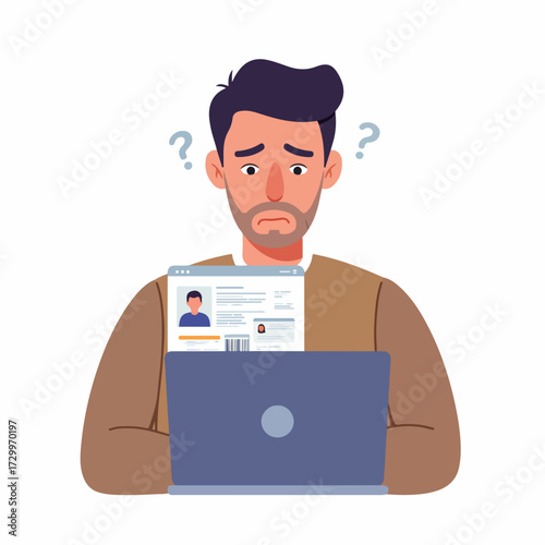 Flat Character Man Confused Looking at Profile on Laptop Illustration
