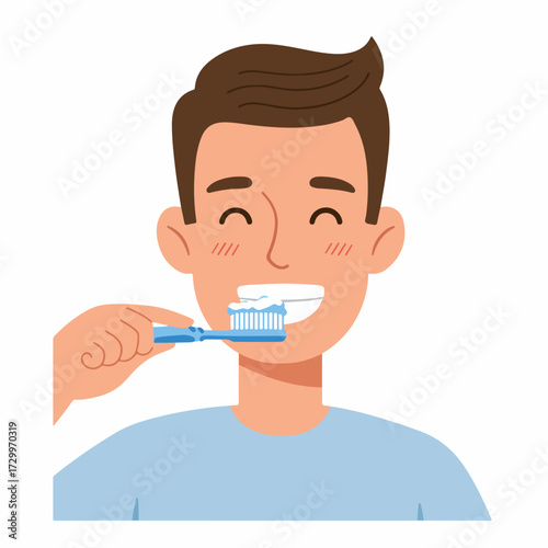 Cartoon Style Male Character Brushing Teeth Illustration For Health and Hygiene