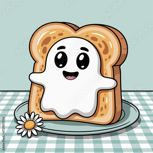 cute ghost on toast illustration, smiling bread slice, breakfast humor theme, pastel kitchen scene, adorable cartoon vector