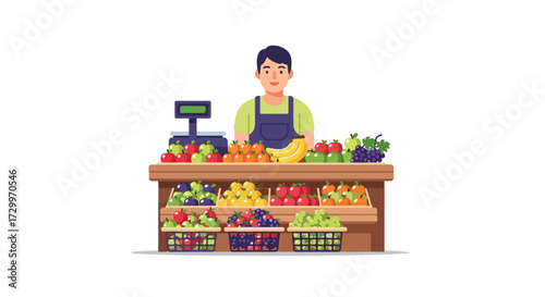 Illustration showcasing a fresh produce vendor with colorful fruits and vegetables neatly arranged on a market stall, displaying a vibrant and