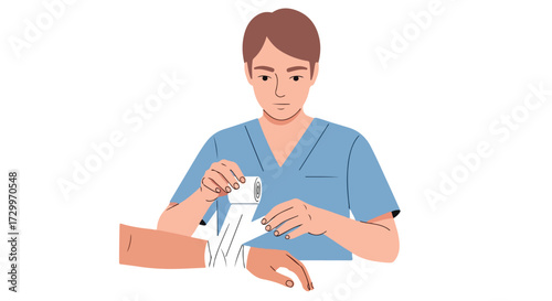 Healthcare professional tending to a patient's arm injury with a bandage on a white background illustration
