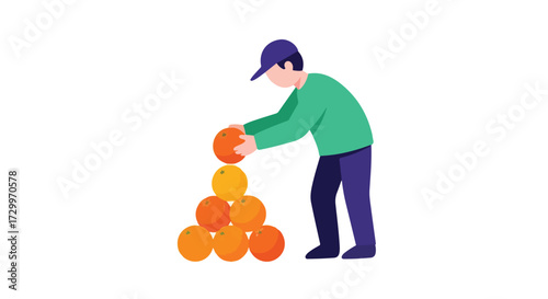 Stylized illustration showcases a man stacking vibrant oranges into a playful pyramid formation with meticulous care and precision