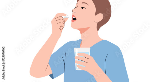 Person taking medicine with water for their well-being and health in blue shirt and short hair style for health awareness and daily care routine