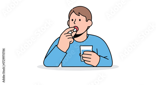 Person taking medication with glass of water in minimalist graphic style illustration, isolated clean modern design