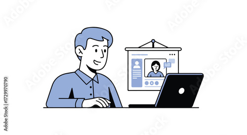 Man participating in a virtual meeting showcasing collaborative communication online and digital networking, facilitating remote interactions