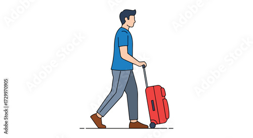 A stylized traveler walks with a red wheeled suitcase ready for his next adventure or vacation in the distance