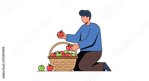 Harvesting season: Man collecting fresh apples into a woven basket in an orchard scenery illustration