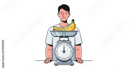 Man weighing bananas on a vintage style kitchen scale, illustration demonstrating portion control for healthy eating and balanced diet, clean design