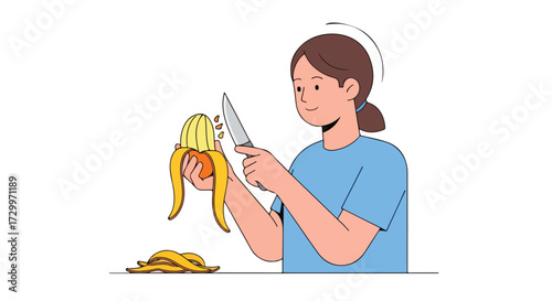 Illustration showcasing a woman carefully peeling a banana with a knife, promoting healthy eating habits and food preparation skills with nutrition