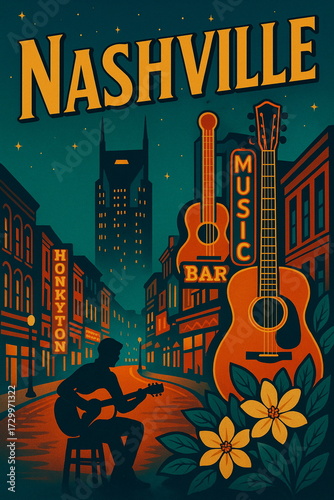 Vintage style travel poster of Nashville skyline with iconic landmarks, warm retro colors, lighting and detailed urban scenery, ideal for tourism, wall arts, postcards and branding.