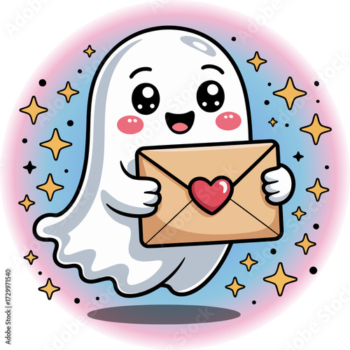 smiling ghost delivering love letter, star sparkles, cheerful mail theme, kawaii mascot design, clean round badge vector