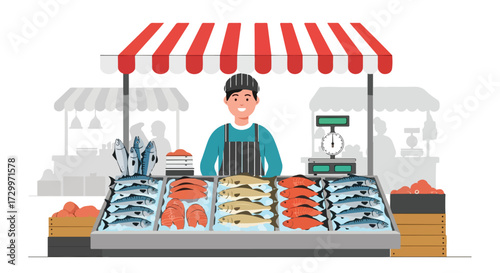 Lively Fish Market Stall Illustration with Smiling Vendor and Fresh Catch Displayed Under Striped Awning banner background advertisement design