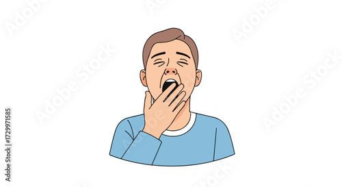Illustration of exhausted man suppressing a yawn with his hand due to overwhelming tiredness after a long day