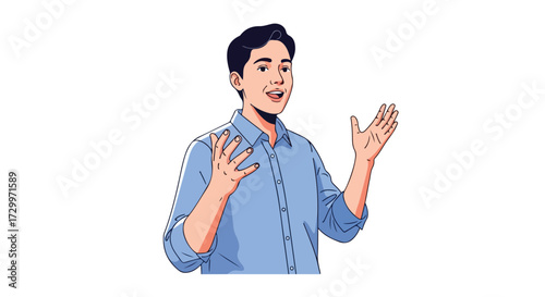Enthusiastic young man gesturing with hands, conveying a message with expression and clarity showcasing a conversational dynamic