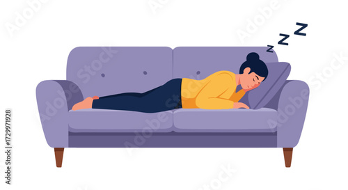 Woman in repose on sofa, taking a break in her day, enjoying restful relaxation and dreams, cozy time on couch