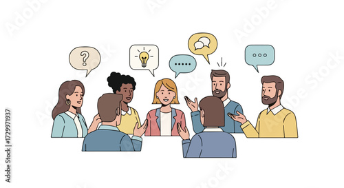 Brainstorming session depicted through illustrations: Diverse team collaboration and idea generation in a modern meeting environment