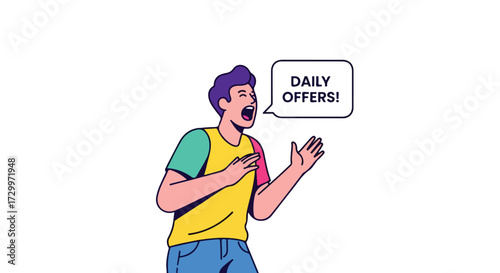 Enthusiastic man announces daily offers in a stylized illustration with a speech bubble graphic on a plain background