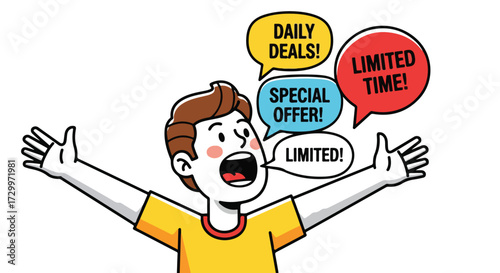 Excited announcer sharing limited time offers, daily deals and special promotions with open arms and enthusiastic expression