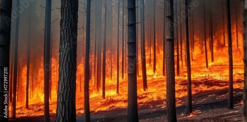 Dramatic Forest Fire With Flames Engulfing Trees and Smoke Rising