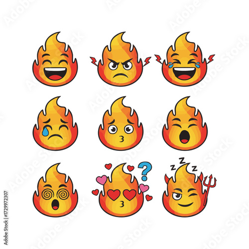 Vibrant collection of cartoon fire flame emojis, each vividly illustrating a distinct human emotion, from joy and rage to sorrow and affection, in a dynamic graphic style