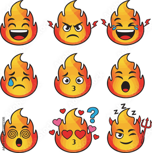 Collection of Cartoon Fire Emoji in Various Expressions for Digital Communication