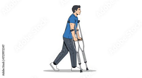 Man recovering from injury, walking with crutches demonstrating rehabilitation progress and physical therapy on white backdrop