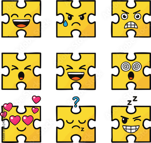 A vibrant collection of yellow puzzle piece illustrations showcasing a diverse range of cartoon emotions and expressions, symbolizing the intricate nature of human feelings and psychological states