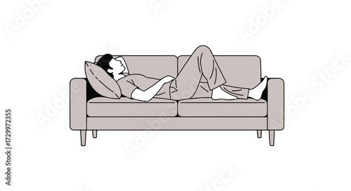 Serene relaxation a man is taking a break while lying on a couch in an illustration style perfect for conveying rest and leisure