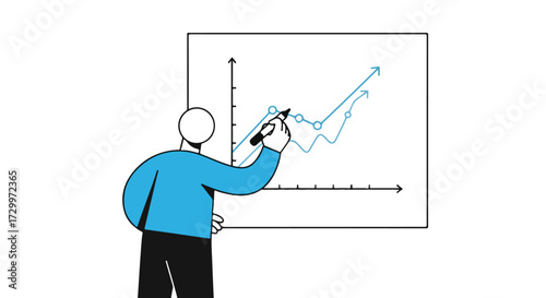 Illustration of an executive presenting data trends on a whiteboard, showing a growth graph and financial presentation