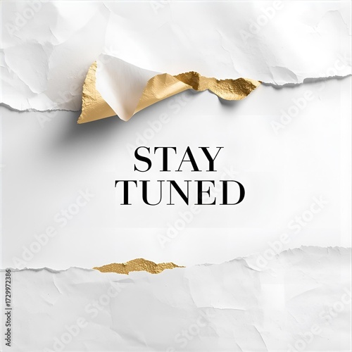 Abstract concept of a reveal with ripped white paper over a shimmering gold surface, perfect for a coming soon marketing announcement