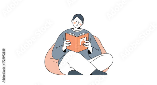 Illustration of a young man engrossed in reading a book while sitting comfortably on a beanbag chair indoors