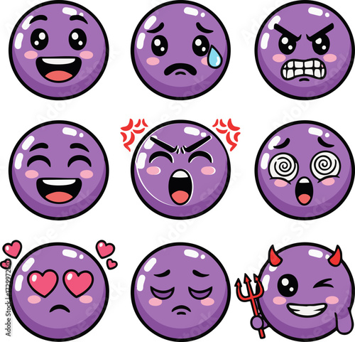 Collection of Purple Smiley Faces Expressing Various Emotions Joy, Sadness, Anger, Love, Dizziness, and Mischief