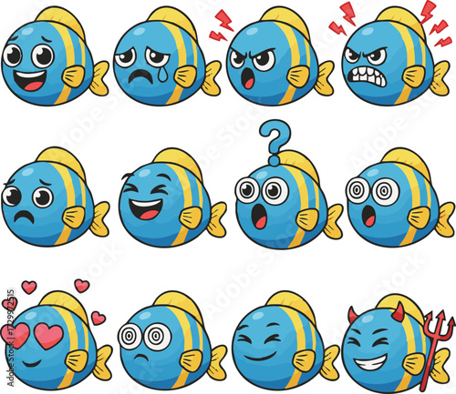 A vibrant collection of cute cartoon fish emoticons, each showcasing a unique facial expression and emotion