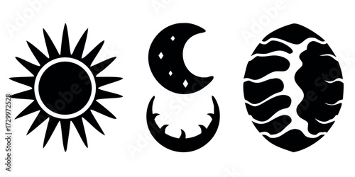 Vector Silhouette Set of Celestial Forms Rising Sun Crescent Moon and Full Moon