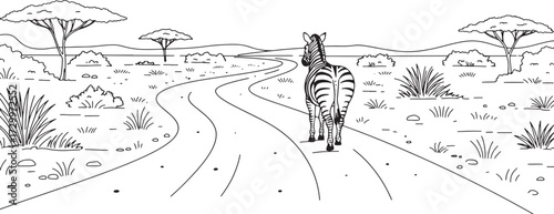 Zebra Safari Scene Line Art – Minimal African Wildlife Illustration with Trees, Road, and Natural Habitat
